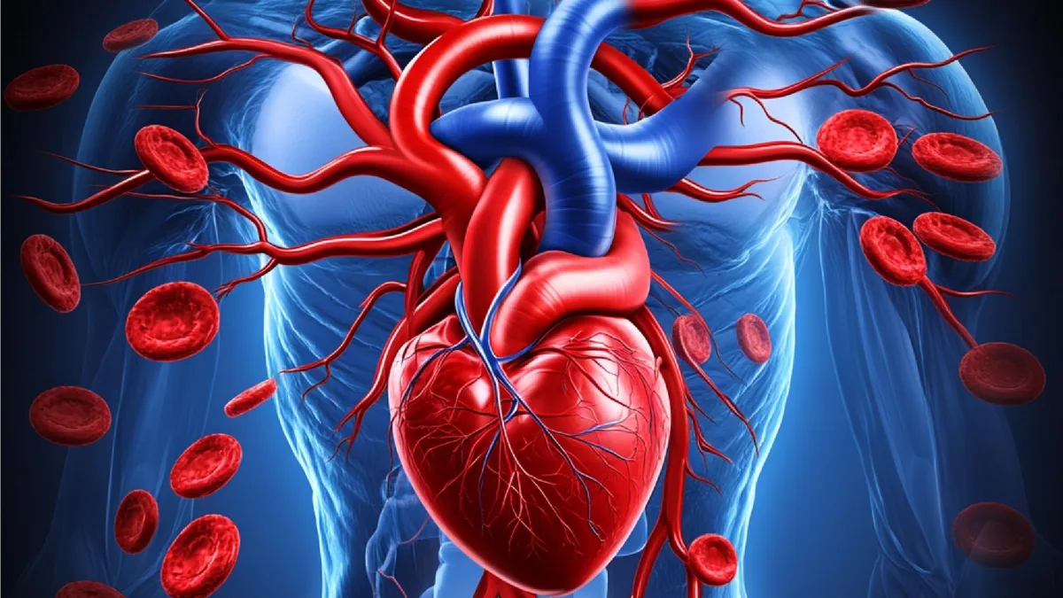 Ilustración del sistema circulatorio humano con el corazón, las arterias y el flujo de sangre